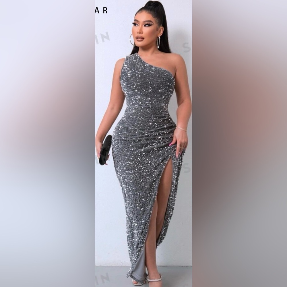 NWT One Shoulder Wrap Split Thigh Sequin Formal Dress Elegant SIZE M ✨